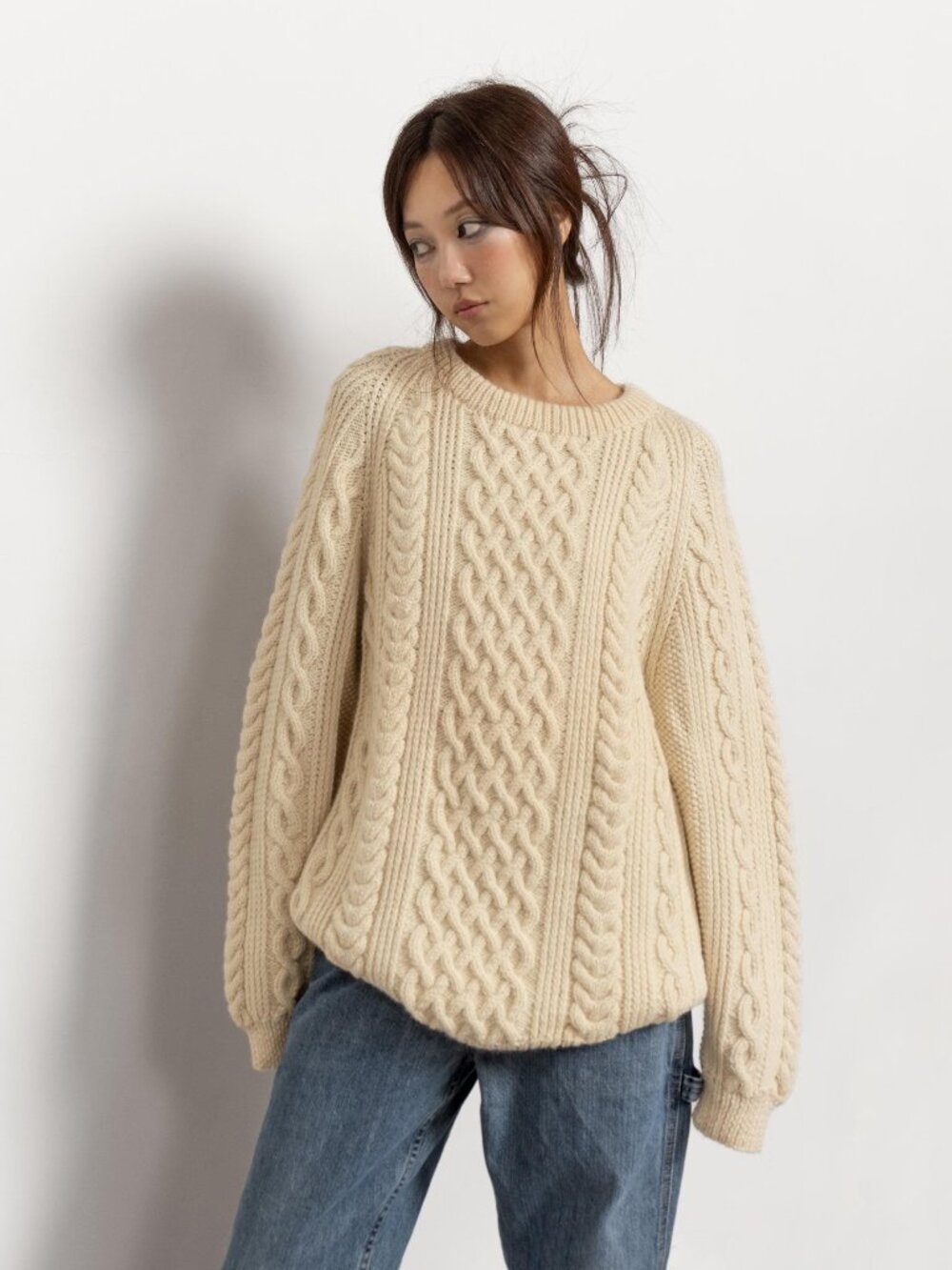 IRISH WOOL SWEATER Vintage Pullover Jumper Cream Aran Fisherman Oversize / Large